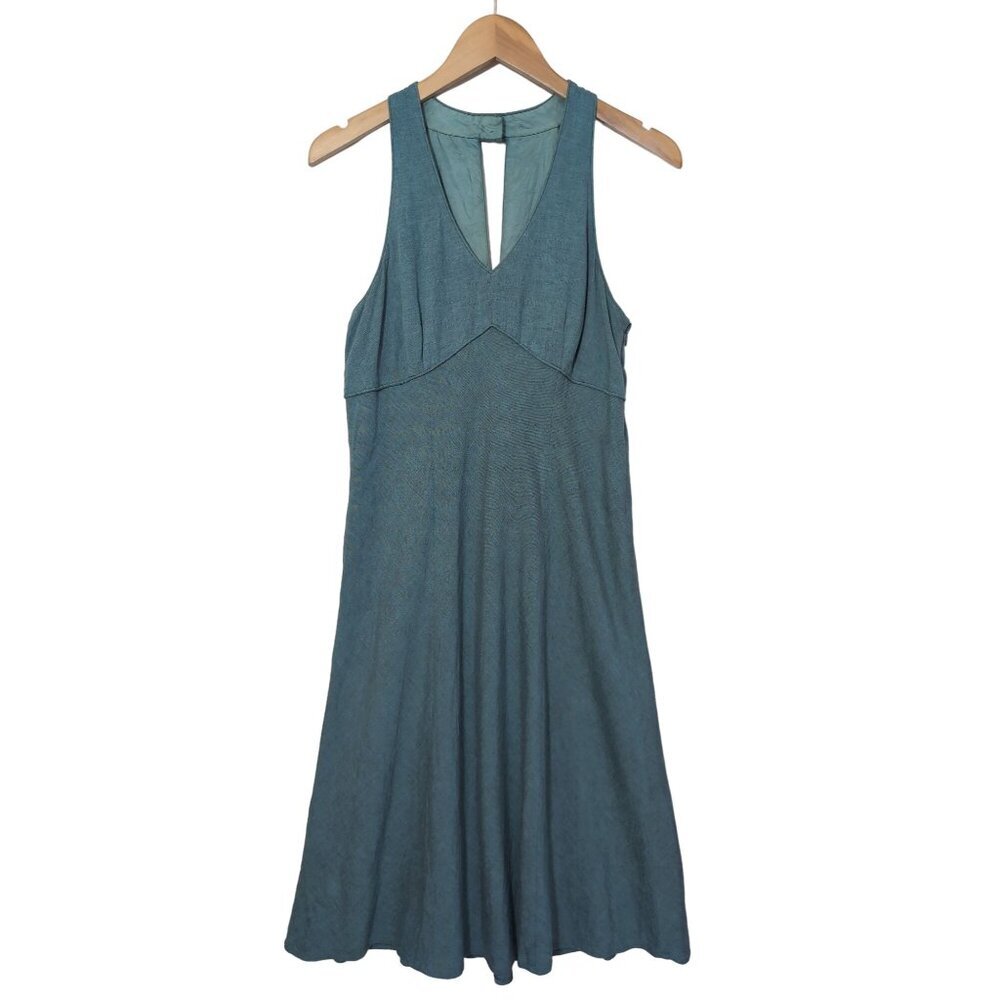 LOFT Midi Dress Womens 10 Blue Green Linen Blend High Waist Sleeveless V Neck